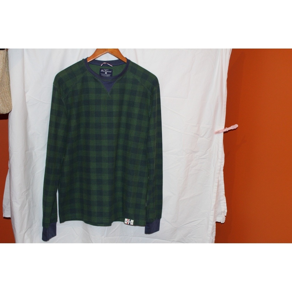 Ben Sherman Mens Green Buffalo Plaid Crewneck Sweatshirt Cotton Blend Pullover L